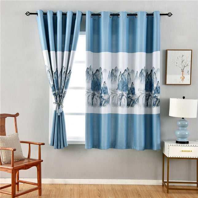 Grå gardin med tryckt landskapsmotiv