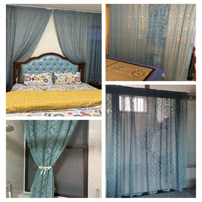 Blå spetsgardin i vintage stil