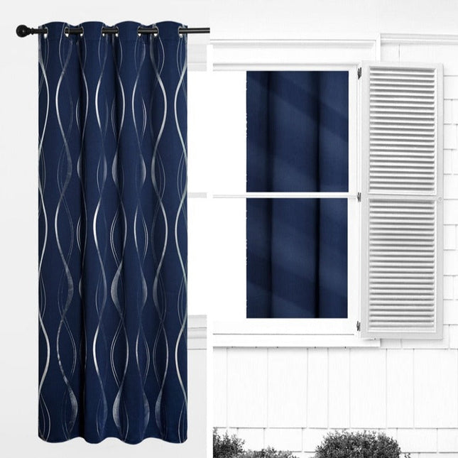 Blå mörkläggningsgardin med vågigt silvermönster