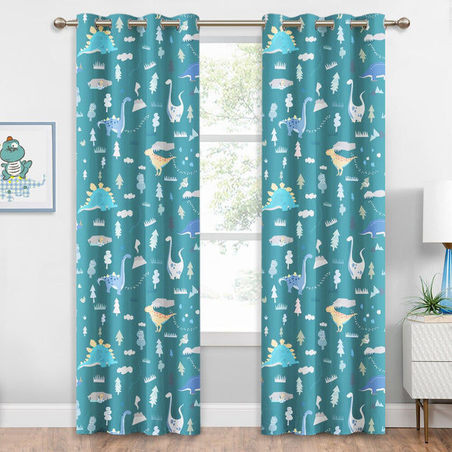 Petrolblå mörkläggningsgardin med dinosaurier