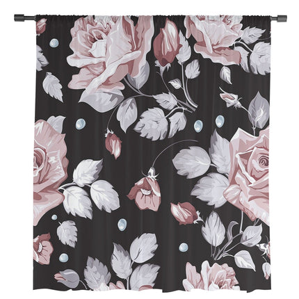 Svart tunn gardin med rosa rosor