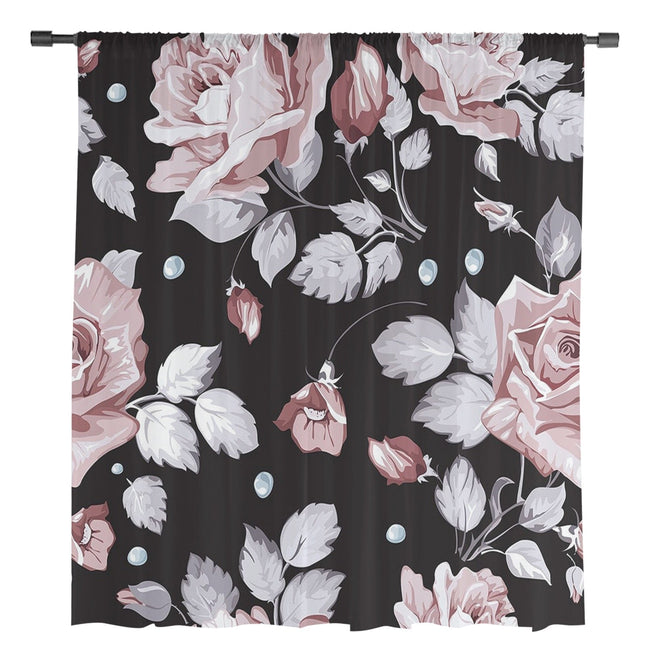 Svart tunn gardin med rosa rosor