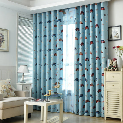 Blå mörkläggningsgardin för barnrum med bilar