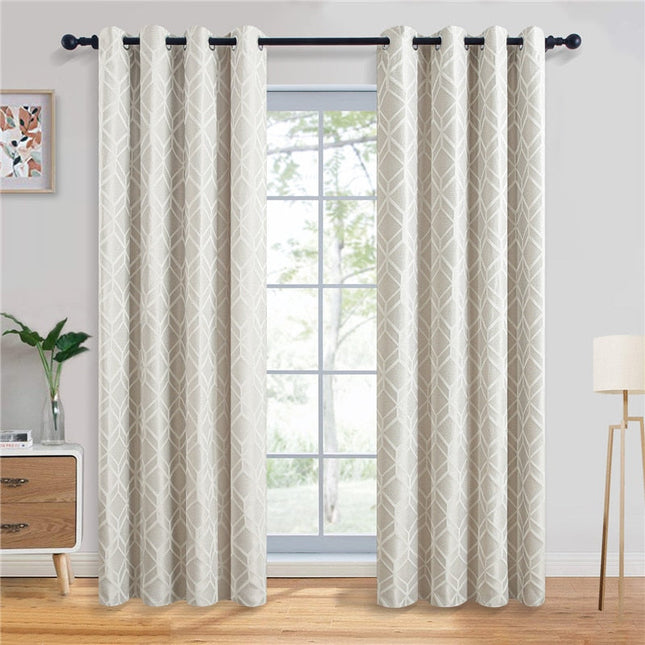 Beige mörkläggningsgardin med geometriskt mönster