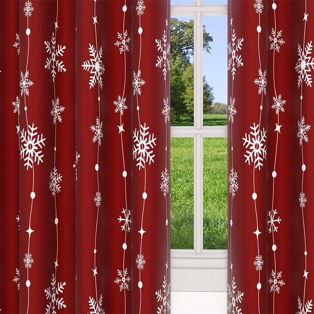 Röd julgardin med vita snöflingor
