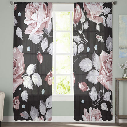 Svart tunn gardin med rosa rosor