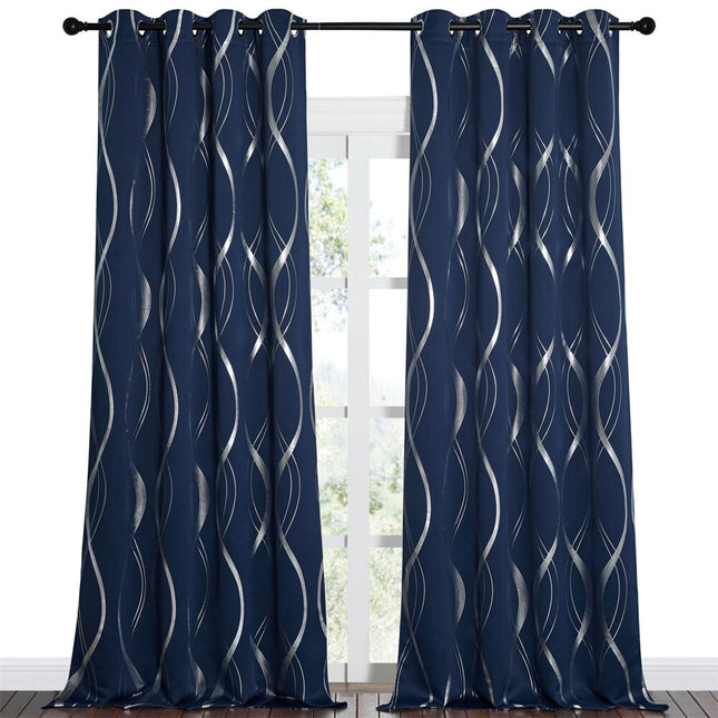Blå mörkläggningsgardin med vågigt silvermönster