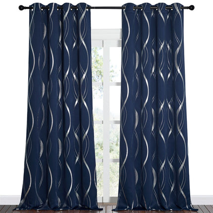 Blå mörkläggningsgardin med vågigt silvermönster