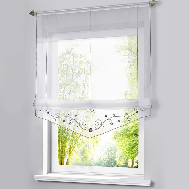 Hissgardin med broderi för köksfönster