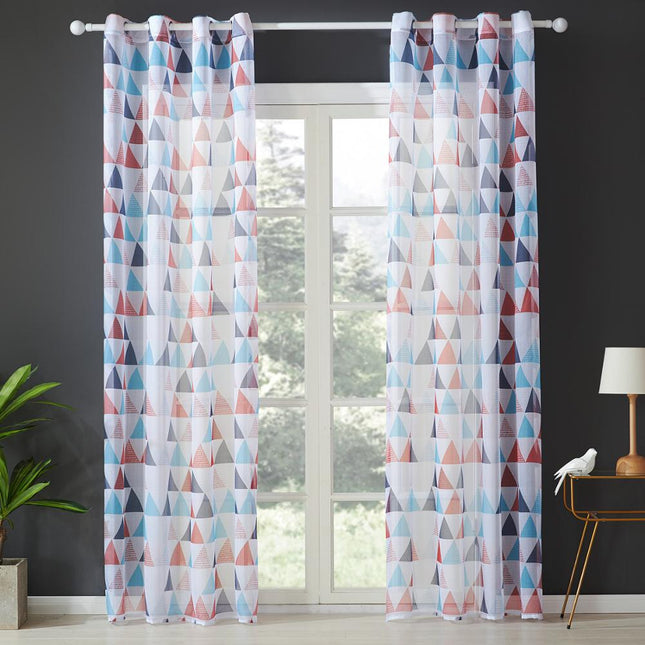 Tunn gardin med geometriskt rött mönster