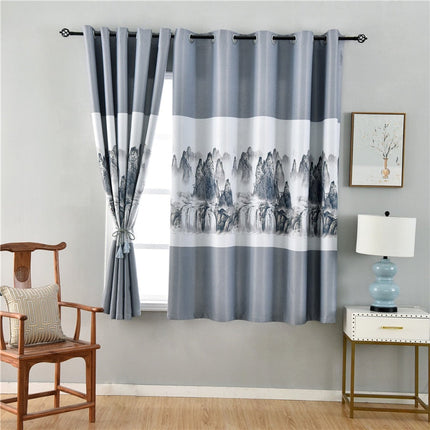 Grå gardin med tryckt landskapsmotiv