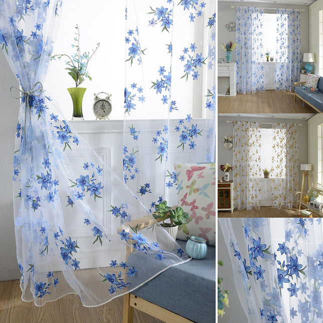 Tunn gardin med vackra broderade blommor