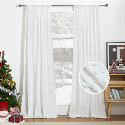 Vit gardin med vävd pom-pom-textur