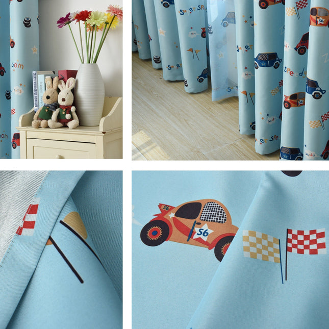 Blå mörkläggningsgardin för barnrum med bilar