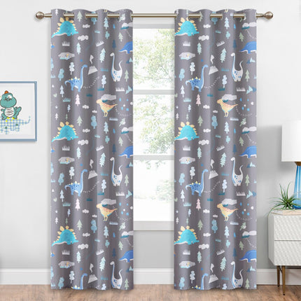 Grå mörkläggningsgardin med dinosauriemotiv