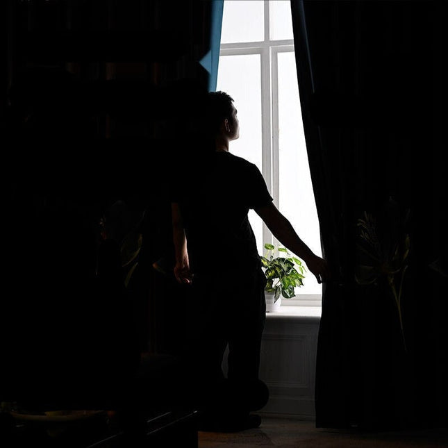 Grå mörkläggningsgardin med guldfjädrar