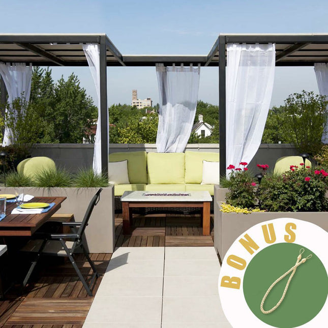 Ljusgrå utomhusgardin i skir linnestruktur